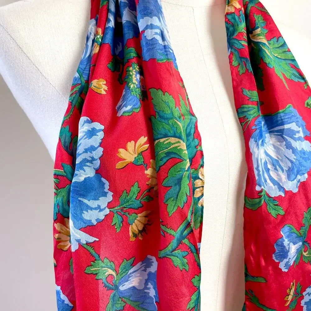 Long Silk Scarf Rectangle Floral Red Blue Cottagecore Romantic Parisian‎